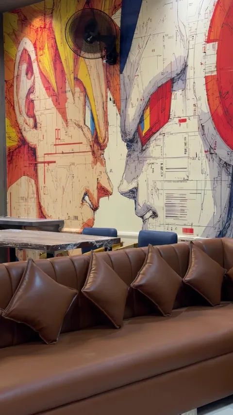 Sofa seating beneath illustrated wall art inside Legends Arena